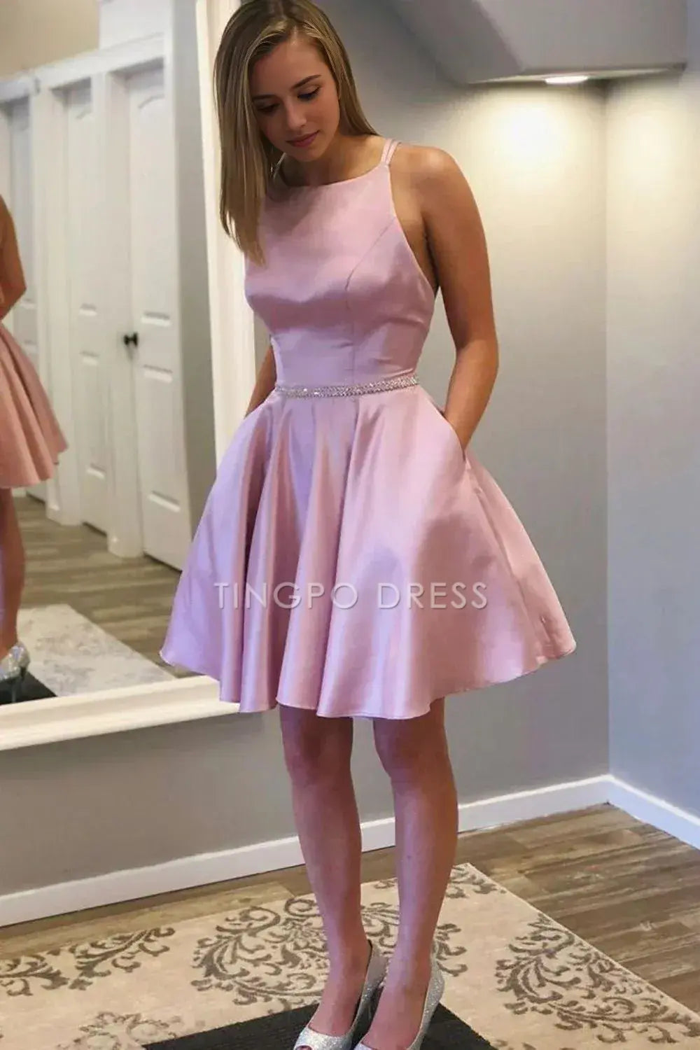 TingPo Wholesale Elegant Simple A-line Satin Homecoming Dress With Belt formal wear dresses
